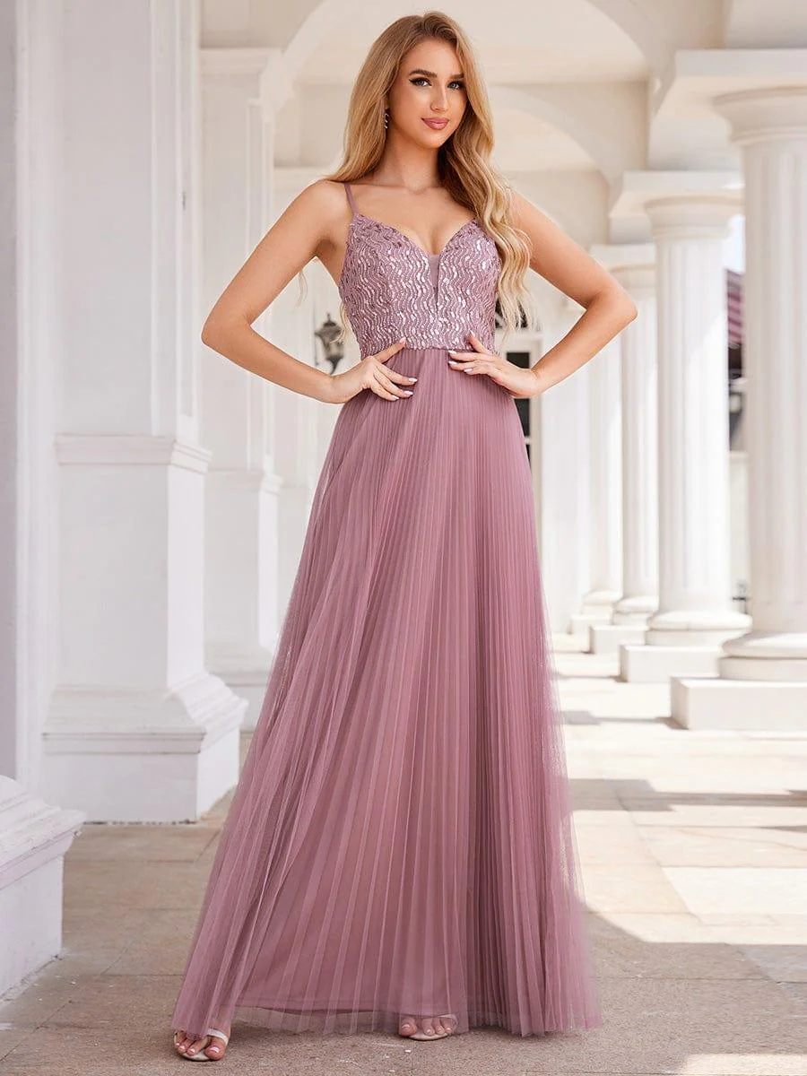 ever STORMY|Sequined V-Neck Sleeveless Backless High-Waist Tulle Evening Dress