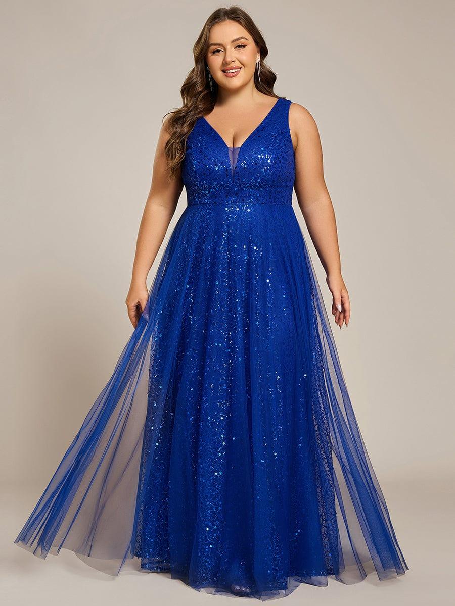 ever HILLARY|Sequined V-Neck Sleeveless See-Through Tulle Evening Dress - Image 36
