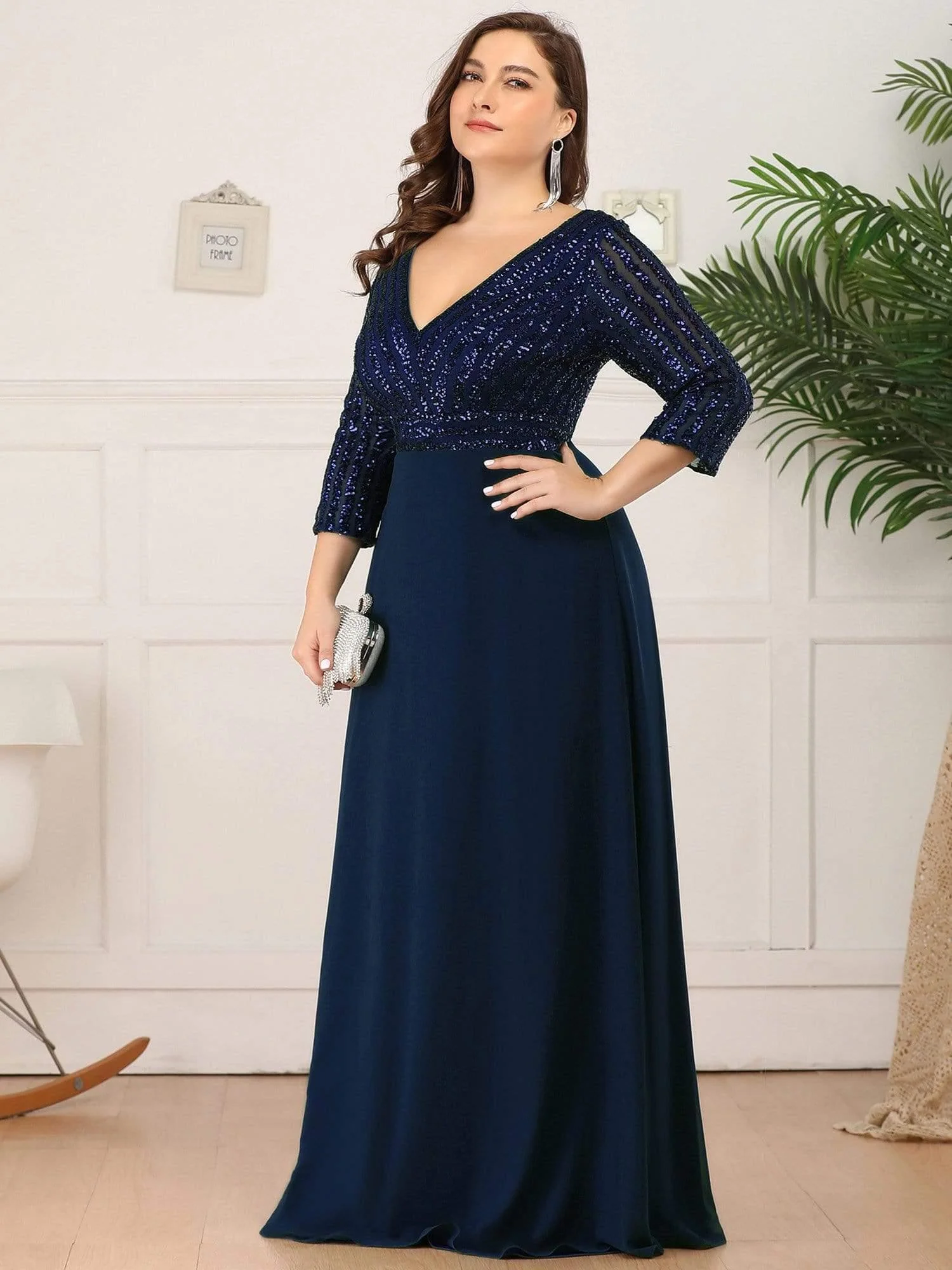 ever LUENA|Sexy V Neck A-Line Sequin Evening Dresses with 3/4 Sleeve - Image 10