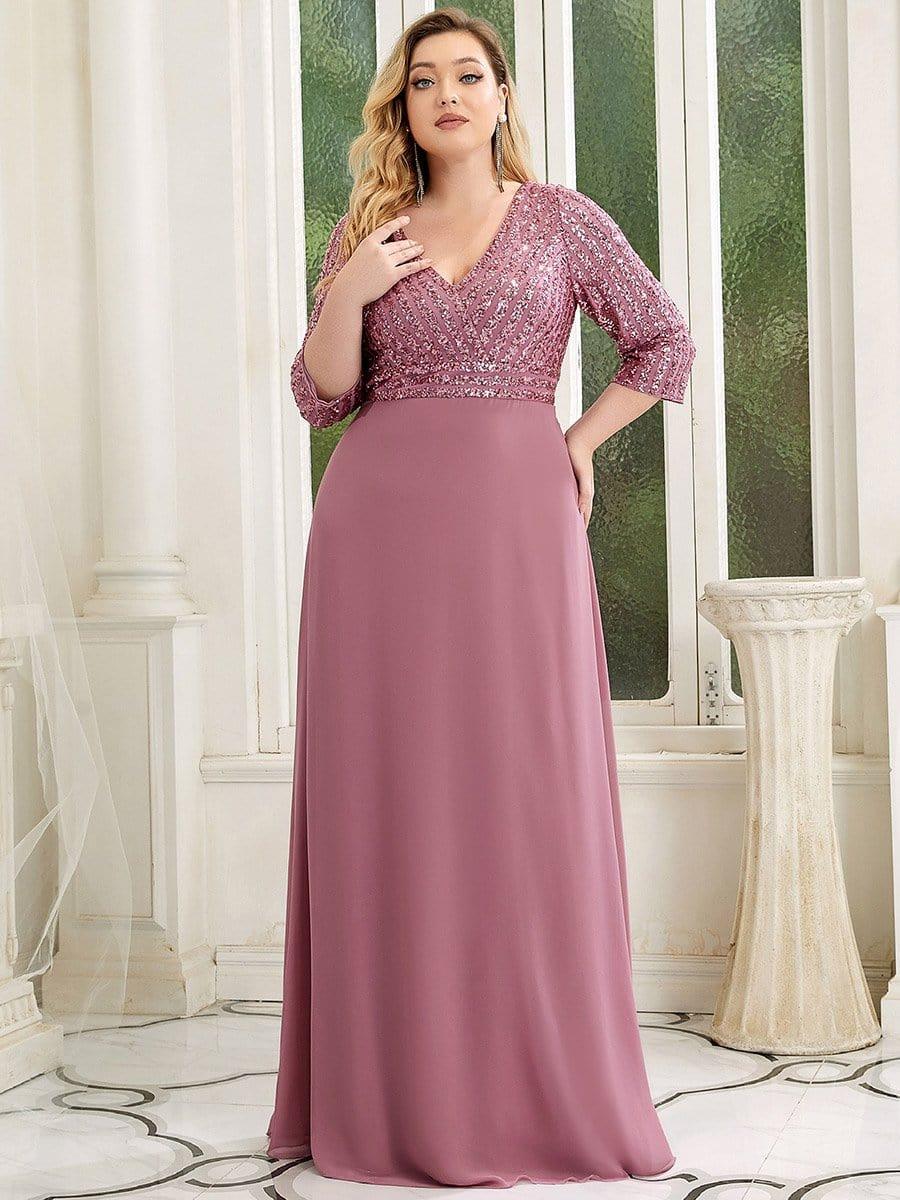 ever LUENA|Sexy V Neck A-Line Sequin Evening Dresses with 3/4 Sleeve - Image 22