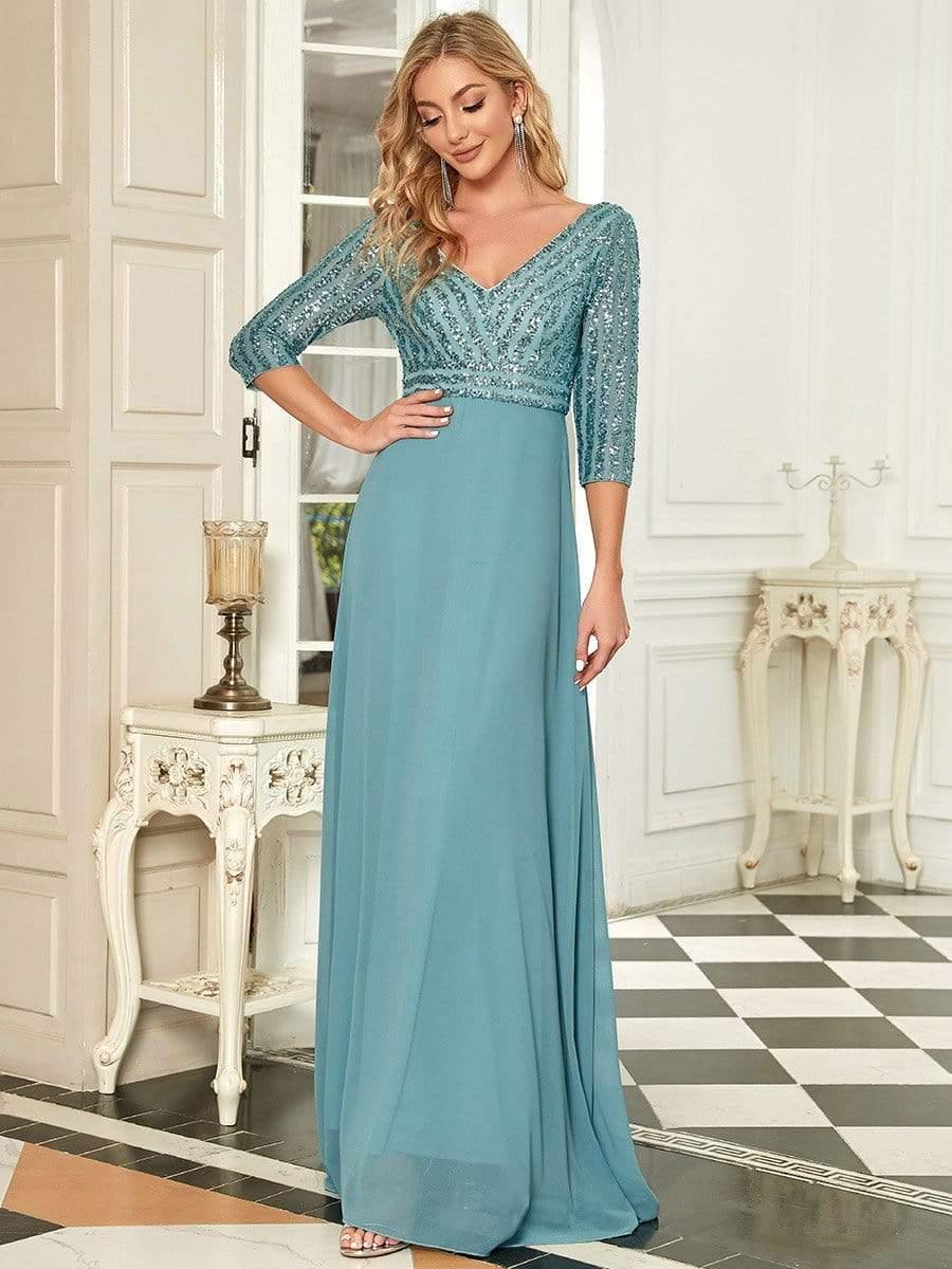 ever LUENA|Sexy V Neck A-Line Sequin Evening Dresses with 3/4 Sleeve - Image 28