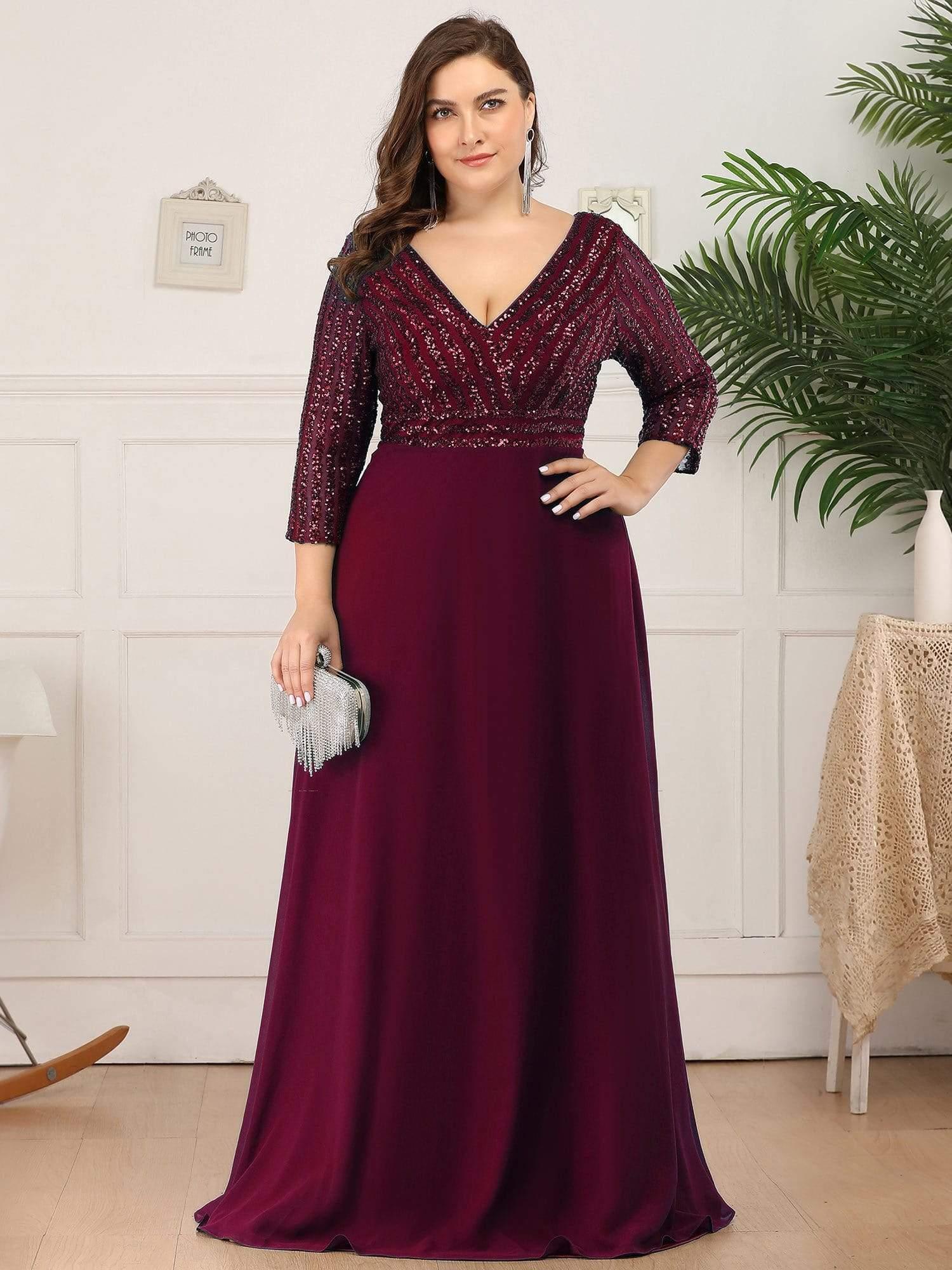 ever LUENA|Sexy V Neck A-Line Sequin Evening Dresses with 3/4 Sleeve - Image 35