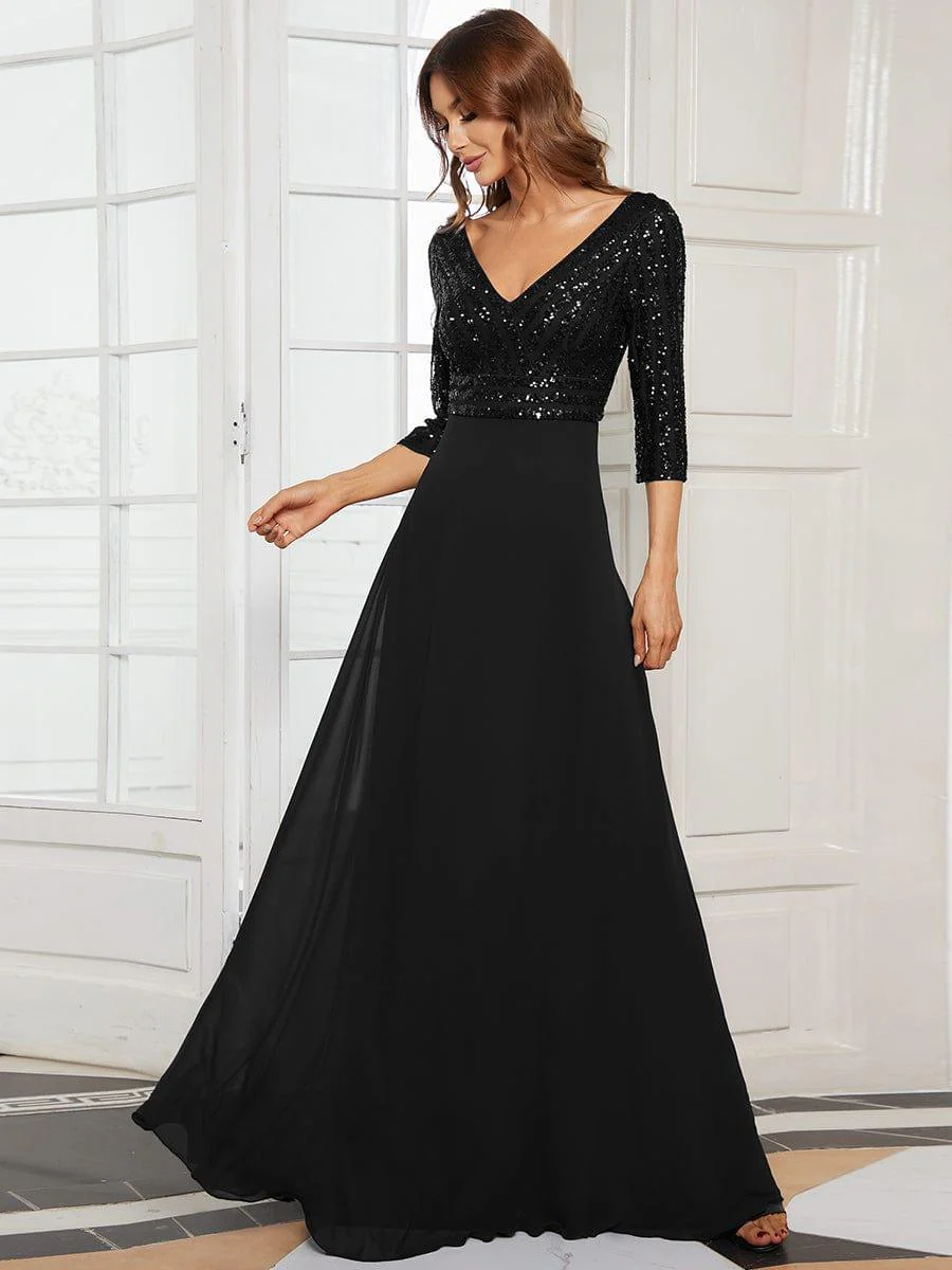 ever LUENA|Sexy V Neck A-Line Sequin Evening Dresses with 3/4 Sleeve - Image 46