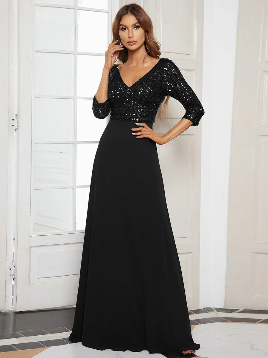 ever IRIS|Sexy V Neck Sequin Evening Dresses with 3/4 Sleeve