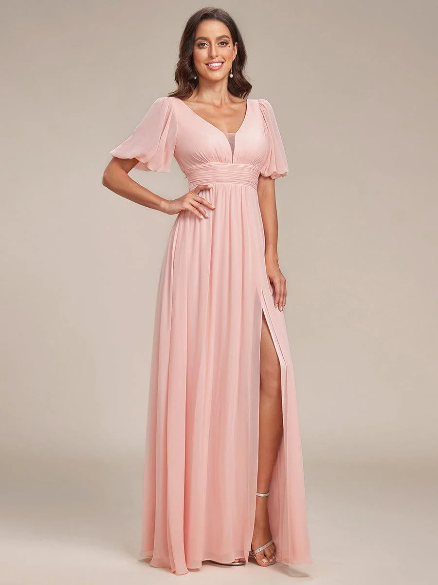 ever MADISON|Short Sleeve V-Neck Front Slit Chiffon Evening Dress - Image 31