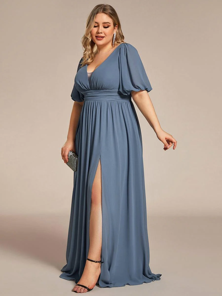 ever MADISON|Short Sleeve V-Neck Front Slit Chiffon Evening Dress - Image 41