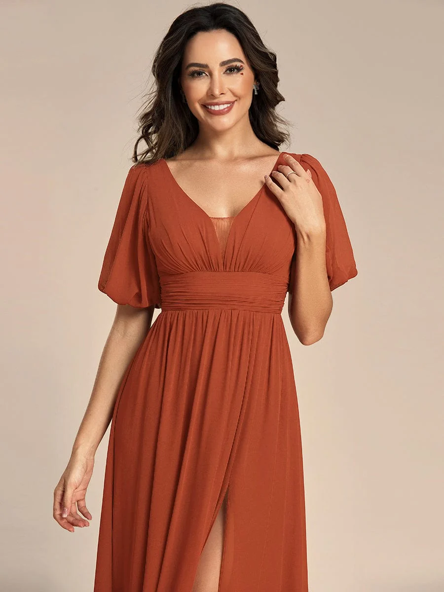ever MADISON|Short Sleeve V-Neck Front Slit Chiffon Evening Dress - Image 47