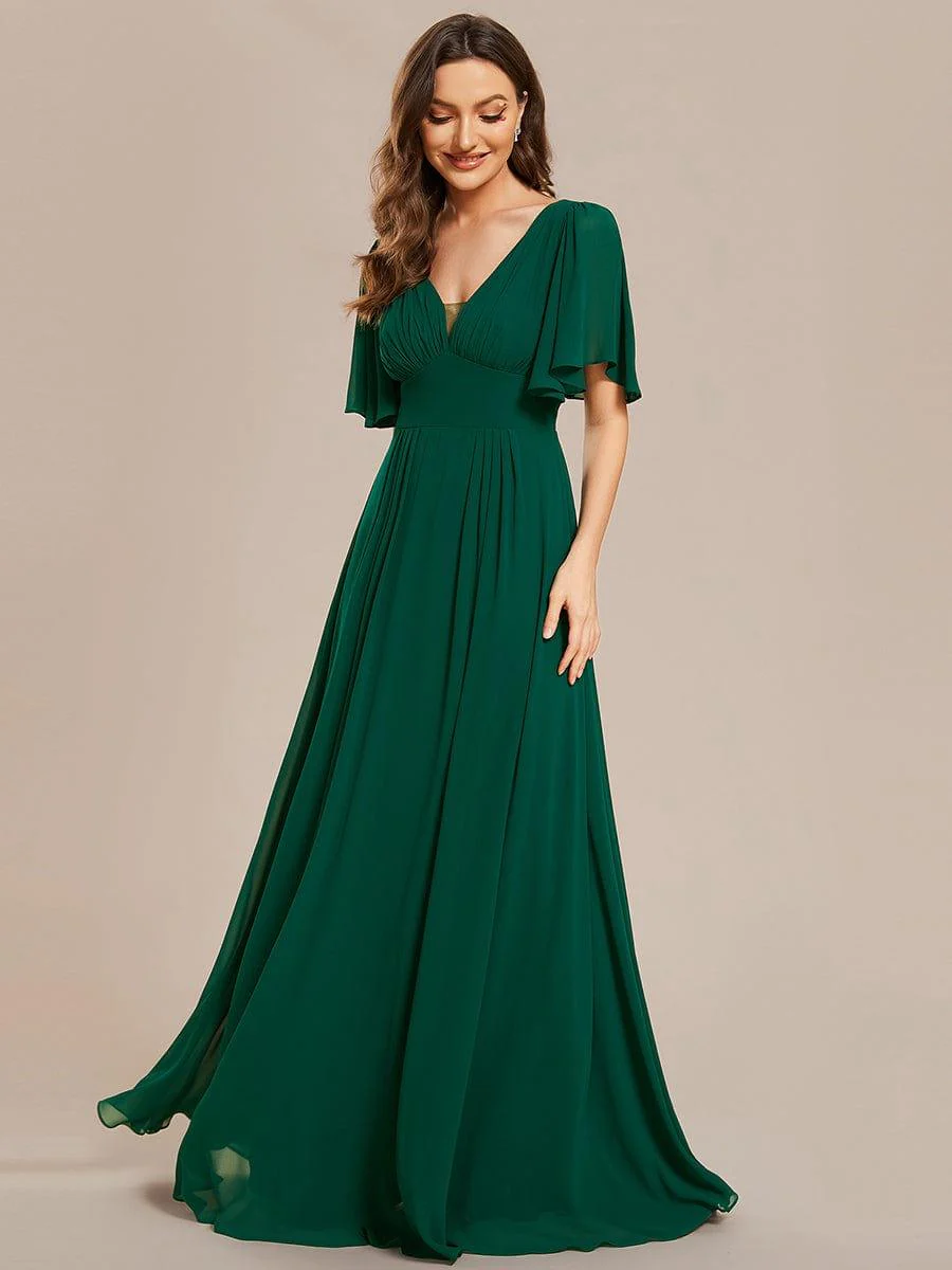 Simple Chiffon Short Sleeves Empire Waist A-Line Maxi Dress in Dark Green