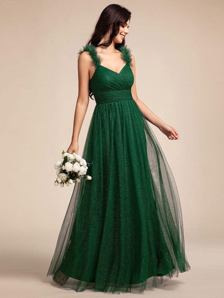 Sleeveless Pleated Glitter Maxi Dress With Embellished Straps in Dark Green