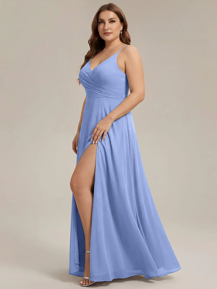 ever RENÉ|Spaghetti Strap Pleated V-Neck High Slit Bridesmaid Dress - Image 146