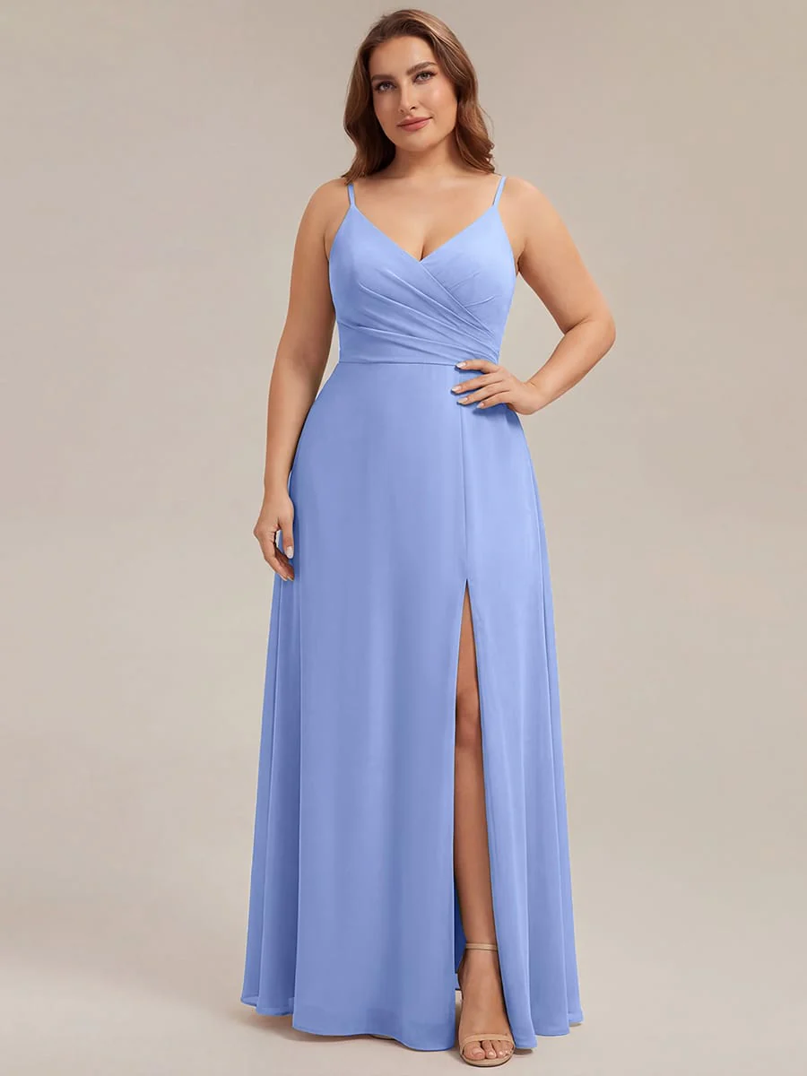ever RENÉ|Spaghetti Strap Pleated V-Neck High Slit Bridesmaid Dress - Image 154