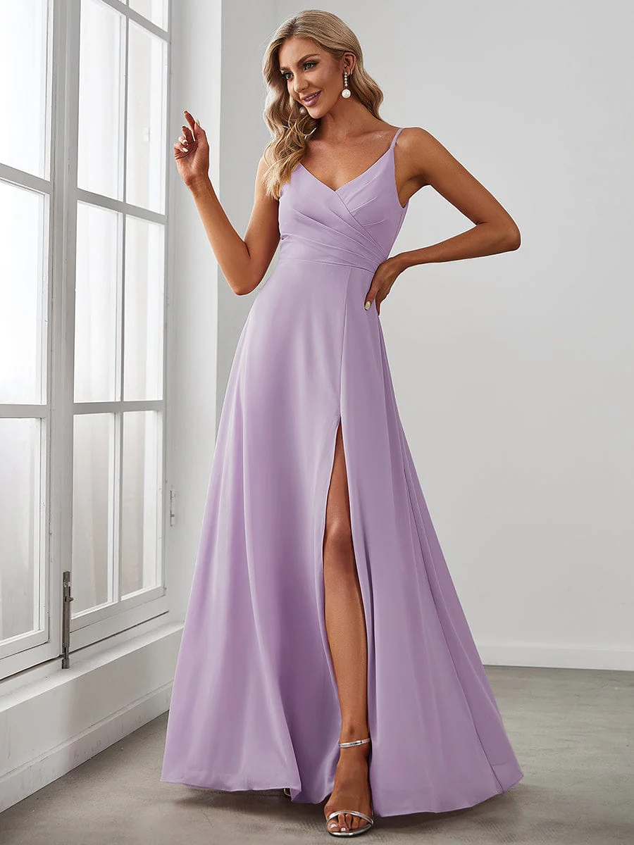 ever RENÉ|Spaghetti Strap Pleated V-Neck High Slit Bridesmaid Dress - Image 90