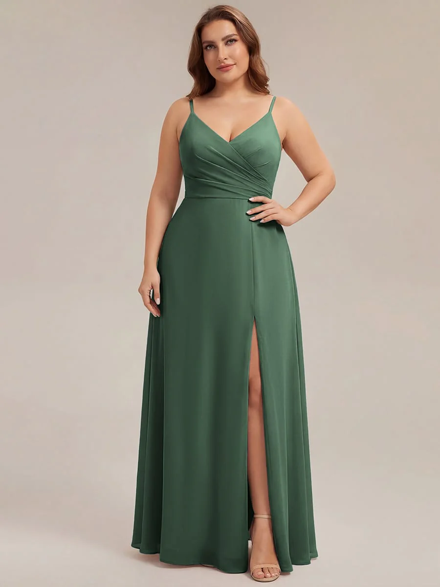 ever RENÉ|Spaghetti Strap Pleated V-Neck High Slit Bridesmaid Dress - Image 94