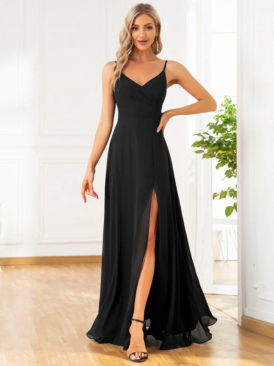 ever RENÉ|Spaghetti Strap Pleated V-Neck High Slit Evening Dress - Image 39