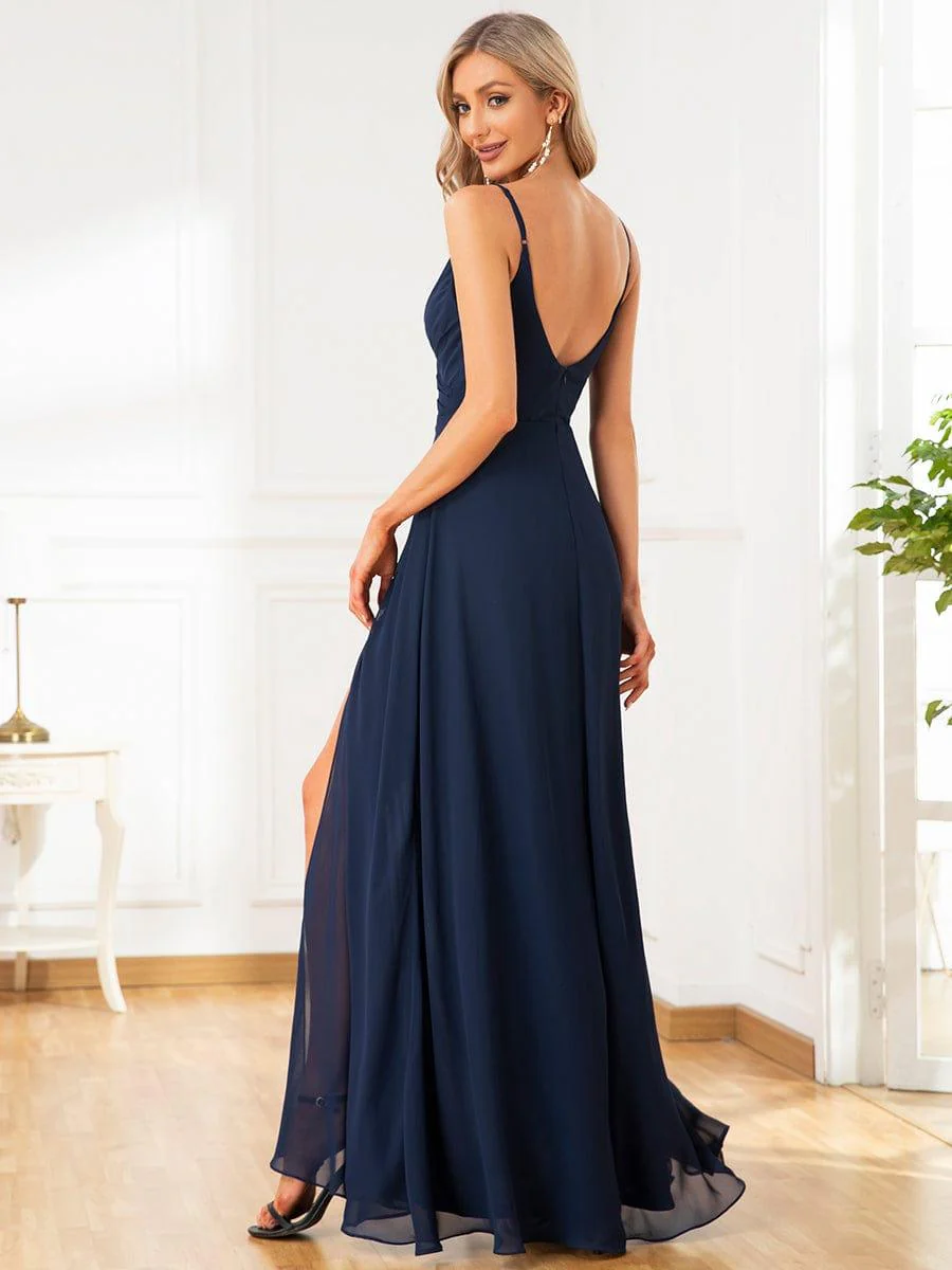 ever RENÉ|Spaghetti Strap Pleated V-Neck High Slit Evening Dress - Image 9