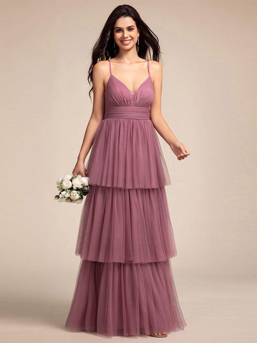 Spaghetti Strap Tiered Tulle Maxi Bridesmaid Dress with Pleats - Image 11
