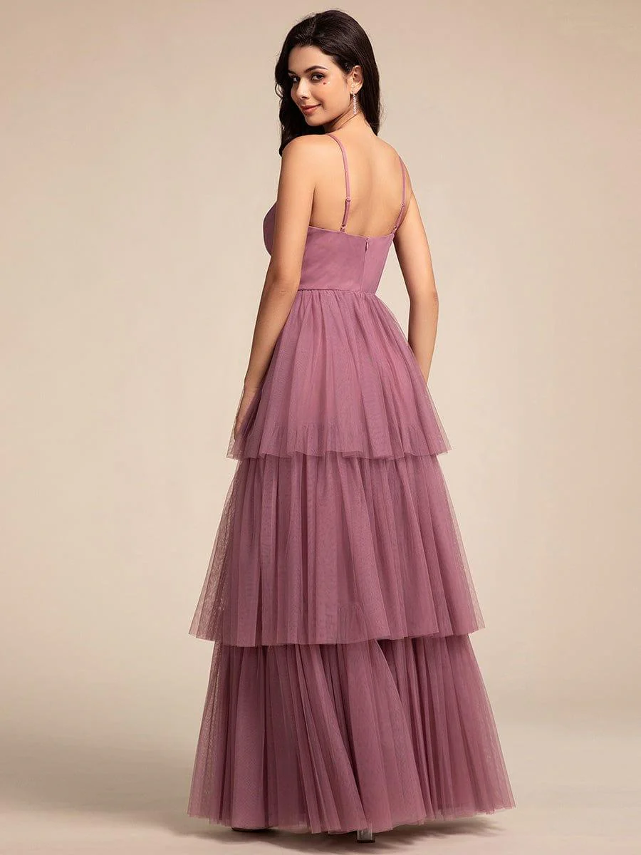 Spaghetti Strap Tiered Tulle Maxi Bridesmaid Dress with Pleats - Image 12