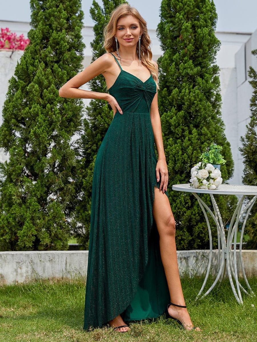 Sparkling High Slit Sleeveless V-Neck Evening Dress with Pleating(Final Sale) - Image 9