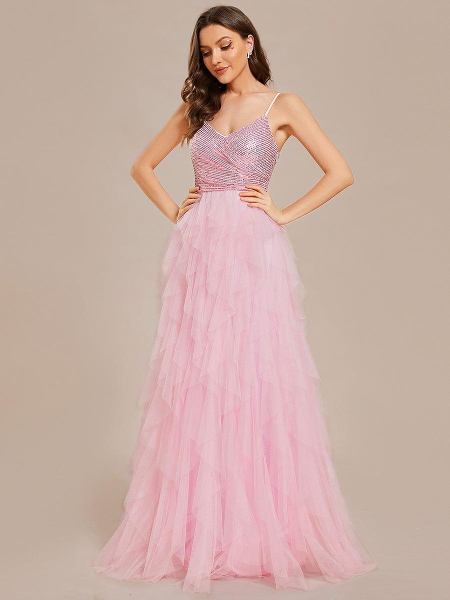 Sparkling V-Neck Spaghetti Straps Tulle Wedding Dress - Image 13