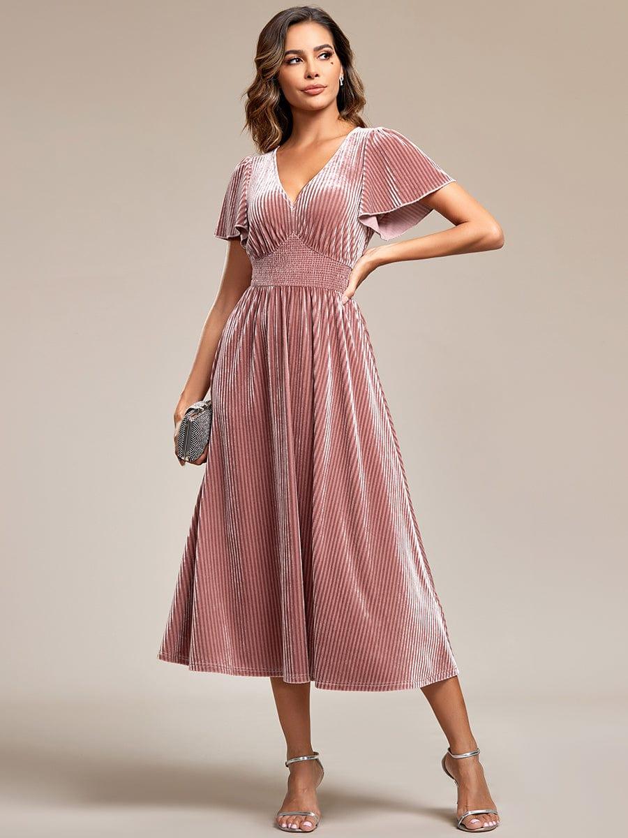 ever AZALEA|Striped Velvet Flutter Sleeves V-Neck Midi Wedding Guest Dress - Image 19