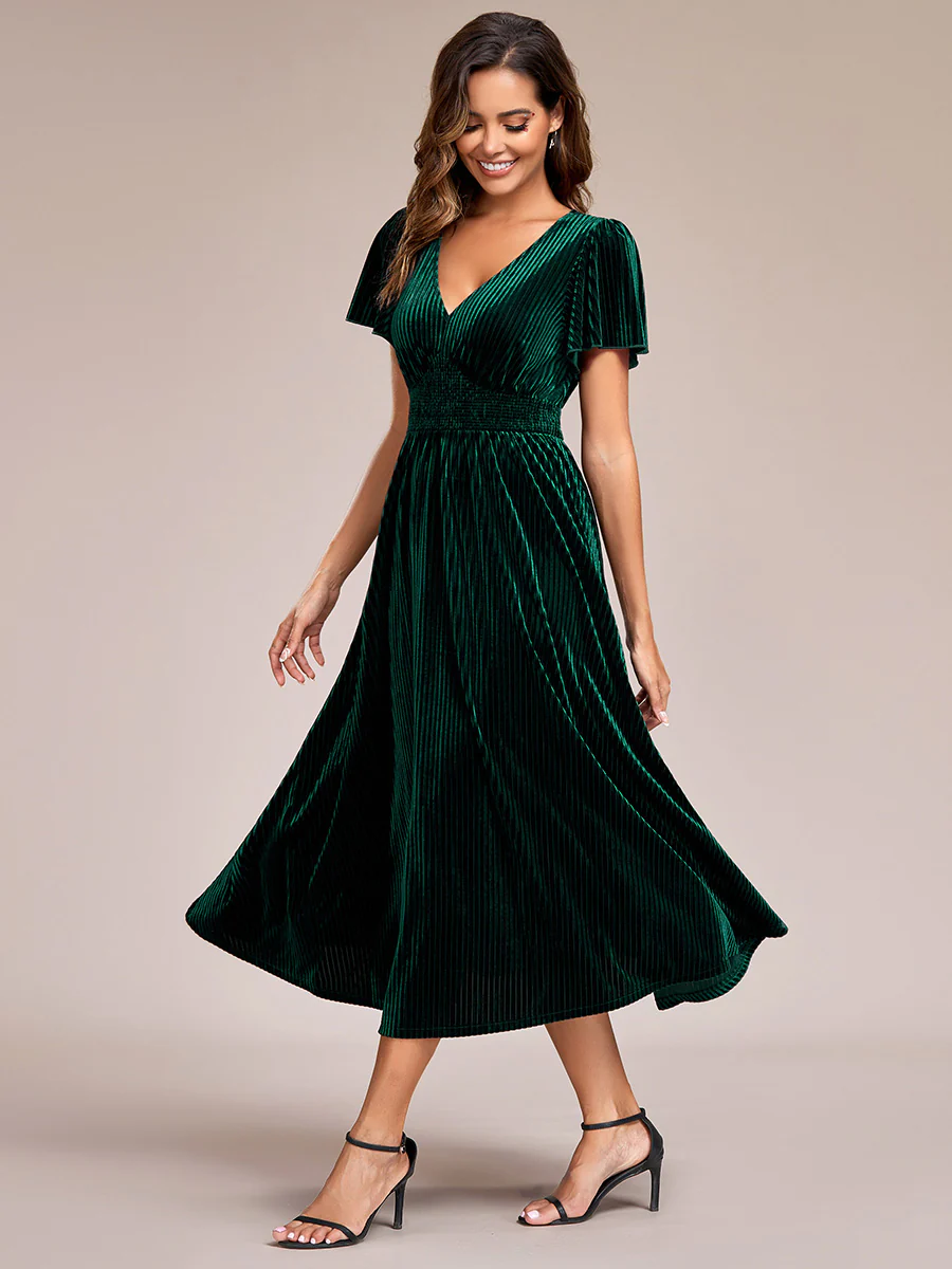 ever AZALEA|Striped Velvet Flutter Sleeves V-Neck Midi Wedding Guest Dress - Image 5