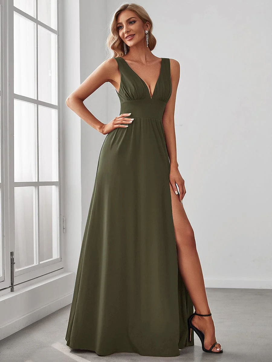 ever SORAYA|Stunning V-Neck Empire Waist Floor-Length Evening Dress with High Slit - Image 90