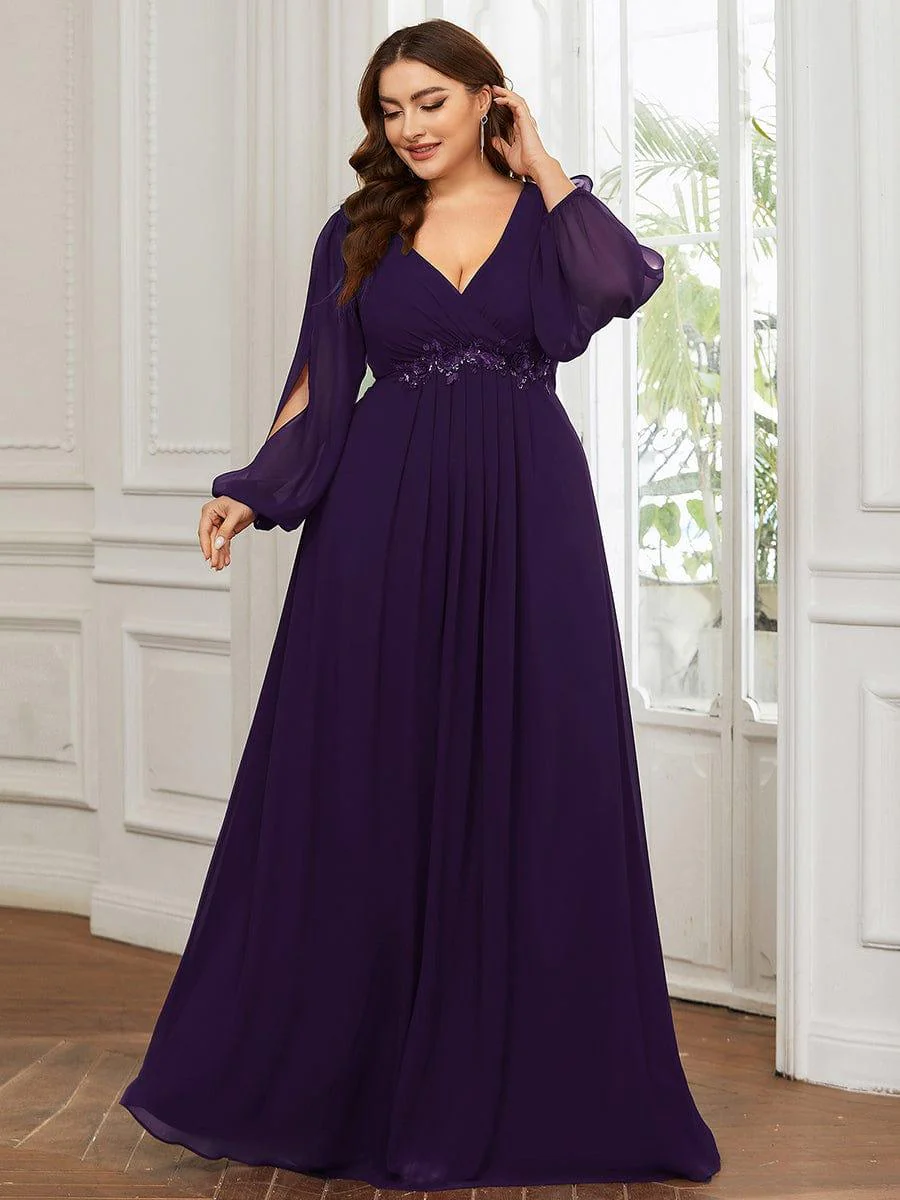 pretty AMOUR|Plus Size Chiffon Evening Dress with Lantern Sleeves - Image 34