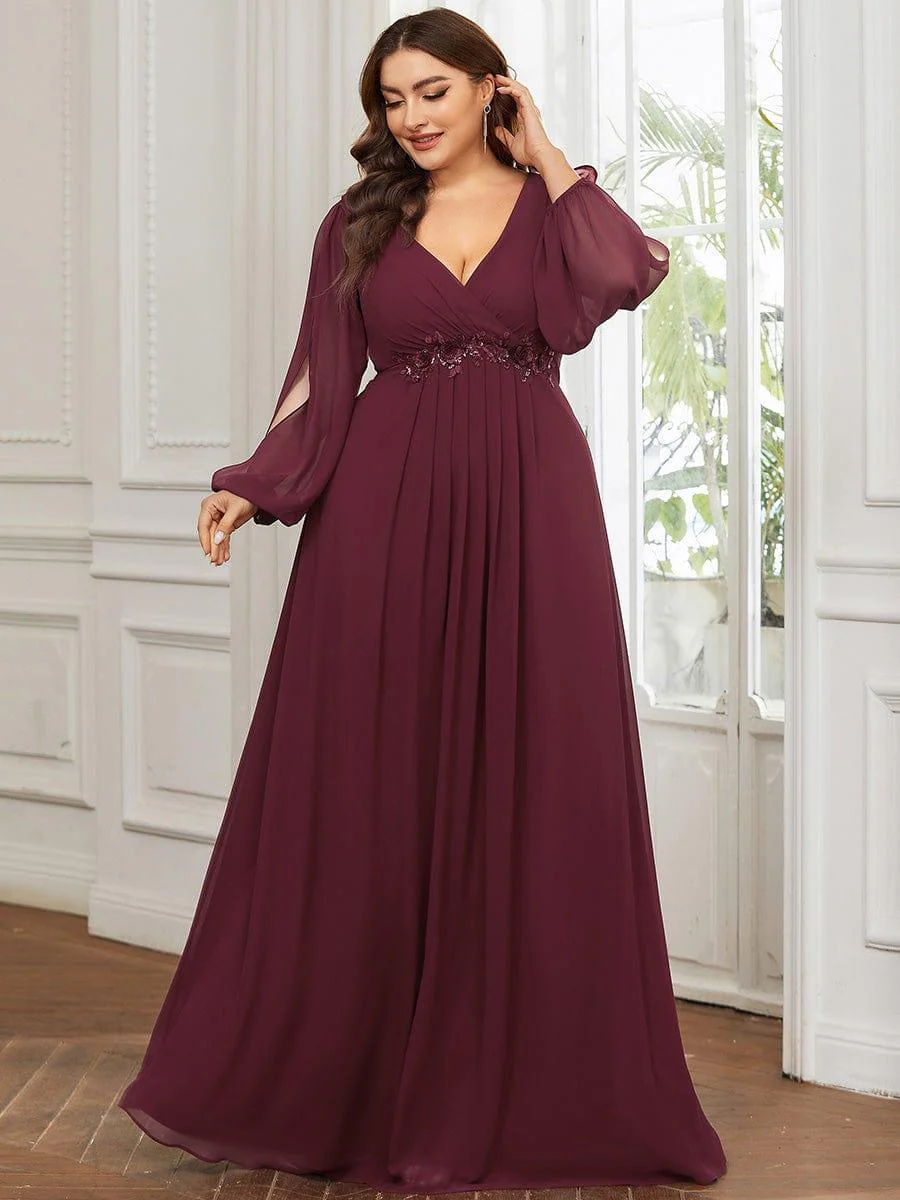 pretty AMOUR|Plus Size Chiffon Evening Dress with Lantern Sleeves - Image 55