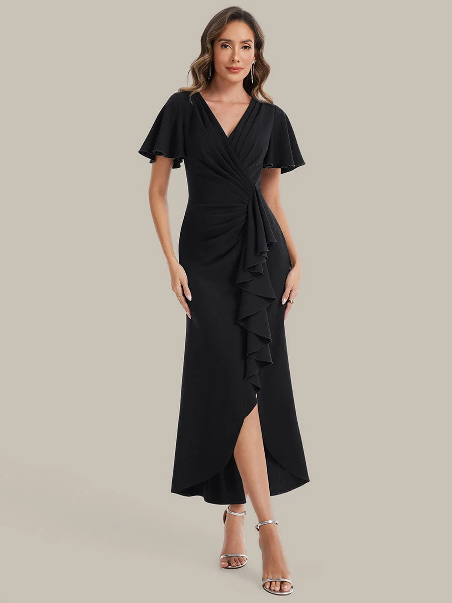 Thigh-High Slit Knit Ruffle Sleeve Dress - Image 13