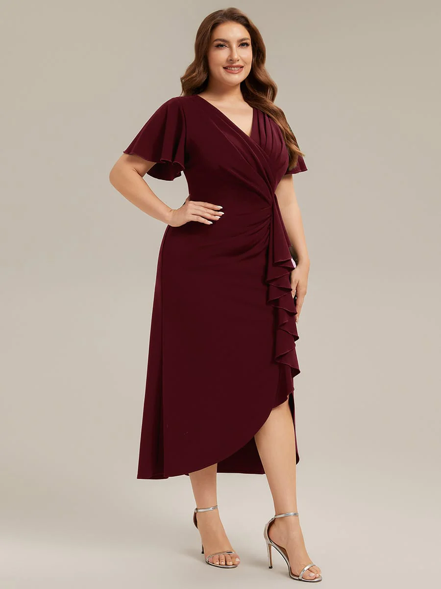 Thigh-High Slit Knit Ruffle Sleeve Dress - Image 15