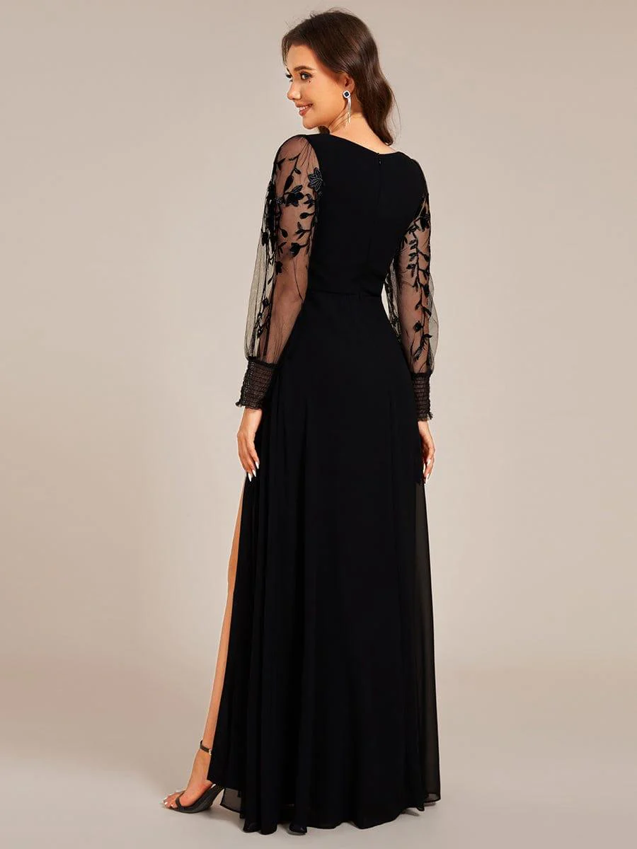 ever RYLEE|Thigh Split Chiffon Evening Maxi Dress With Sheer Embroidered Long Sleeves - Image 2