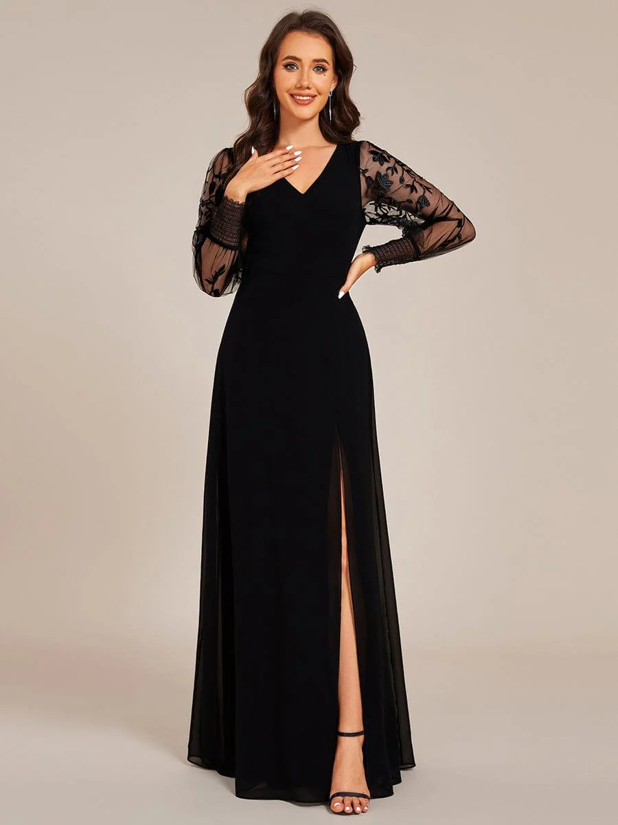 ever RYLEE|Thigh Split Chiffon Evening Maxi Dress With Sheer Embroidered Long Sleeves - Image 6