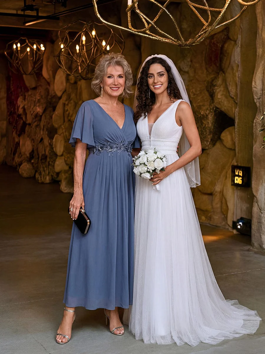 ever DAHLIA|V-Neck Chiffon Midi Wedding Guest Dress with Waist Applique (Final Sale) - Image 28