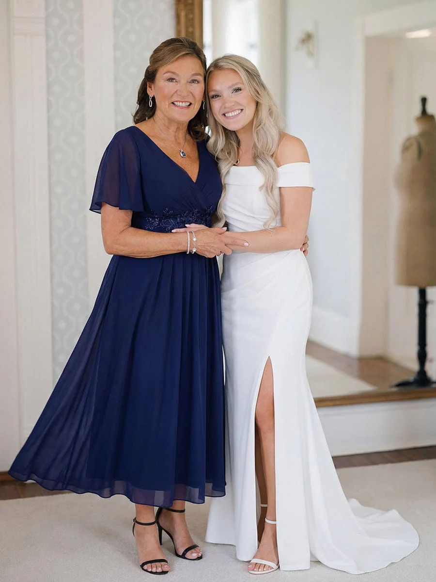 ever DAHLIA|V-Neck Chiffon Midi Wedding Guest Dress with Waist Applique (Final Sale) - Image 37