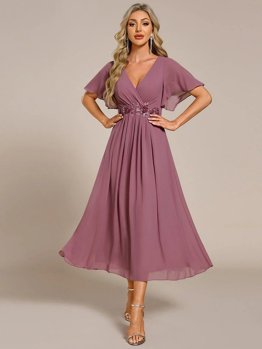 ever DAHLIA|V-Neck Chiffon Midi Wedding Guest Dress with Waist Applique (Final Sale) - Image 102