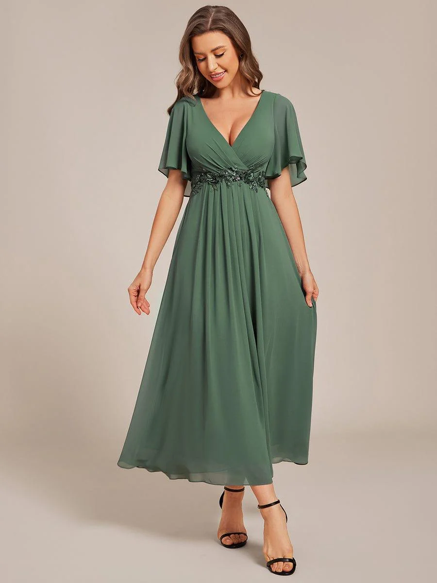 ever DAHLIA|V-Neck Chiffon Midi Wedding Guest Dress with Waist Applique (Final Sale) - Image 122