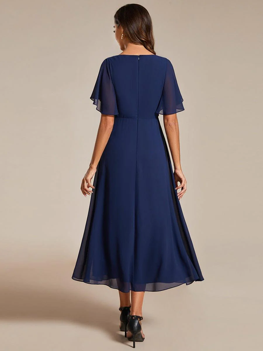 ever DAHLIA|V-Neck Chiffon Midi Wedding Guest Dress with Waist Applique (Final Sale) - Image 3