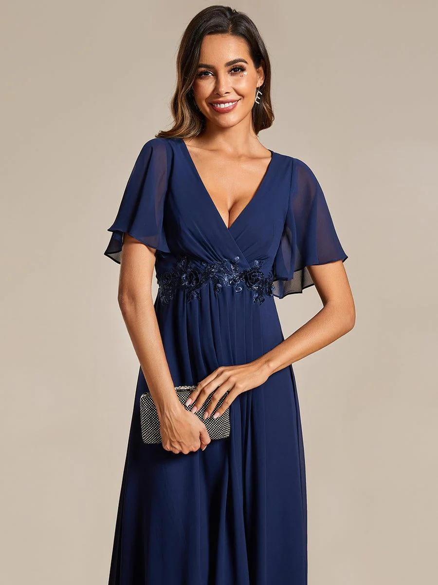 ever DAHLIA|V-Neck Chiffon Midi Wedding Guest Dress with Waist Applique (Final Sale) - Image 38