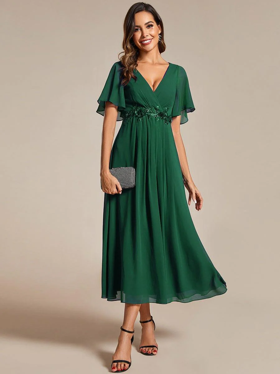 ever DAHLIA|V-Neck Chiffon Midi Wedding Guest Dress with Waist Applique (Final Sale) - Image 57