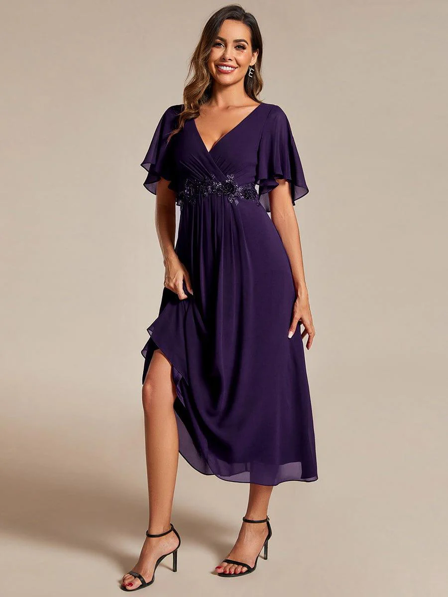 ever DAHLIA|V-Neck Chiffon Midi Wedding Guest Dress with Waist Applique (Final Sale) - Image 68