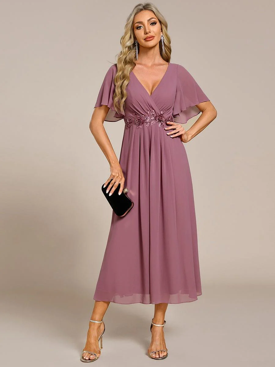 ever DAHLIA|V-Neck Chiffon Midi Wedding Guest Dress with Waist Applique (Final Sale) - Image 7