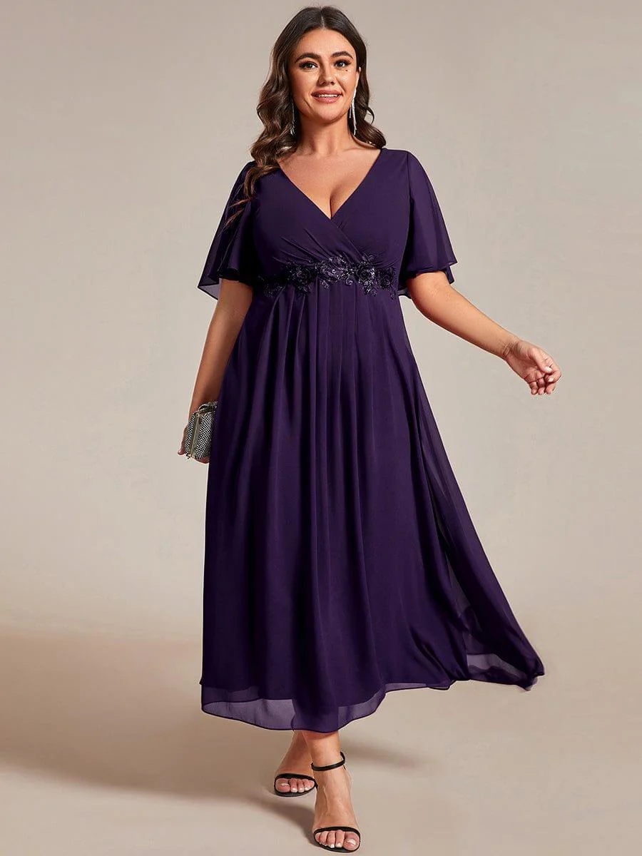 ever DAHLIA|V-Neck Chiffon Midi Wedding Guest Dress with Waist Applique (Final Sale) - Image 70