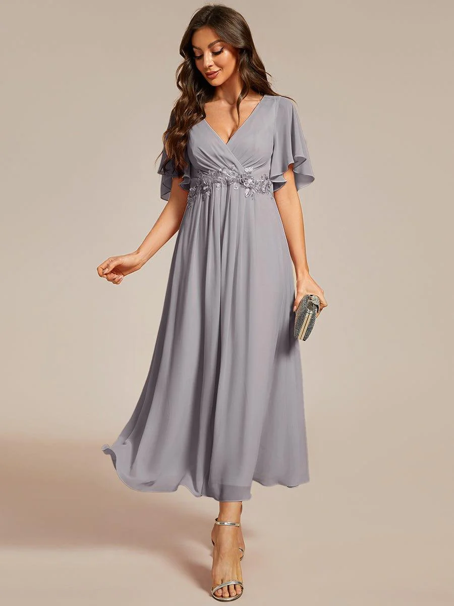 ever DAHLIA|V-Neck Chiffon Midi Wedding Guest Dress with Waist Applique (Final Sale) - Image 74