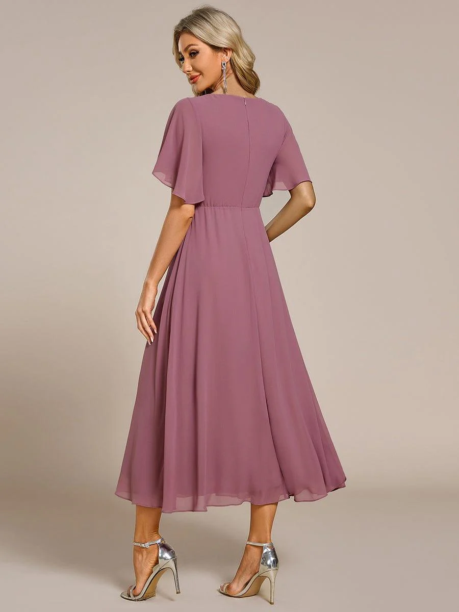 ever DAHLIA|V-Neck Chiffon Midi Wedding Guest Dress with Waist Applique (Final Sale) - Image 8