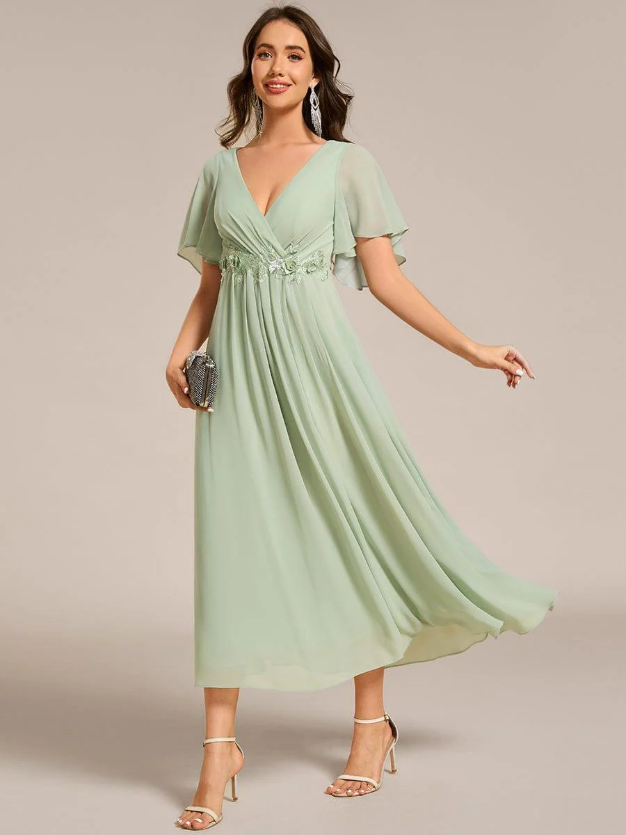 ever DAHLIA|V-Neck Chiffon Midi Wedding Guest Dress with Waist Applique (Final Sale) - Image 94