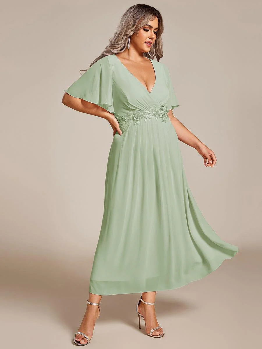 ever DAHLIA|V-Neck Chiffon Midi Wedding Guest Dress with Waist Applique (Final Sale) - Image 96