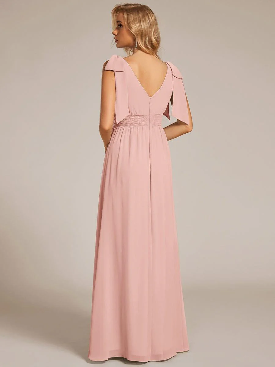 ever FRANKIE|V-neck Empire Waist Chiffon Maxi Bridesmaid Dress with Bow Straps & Side Slit - Image 10