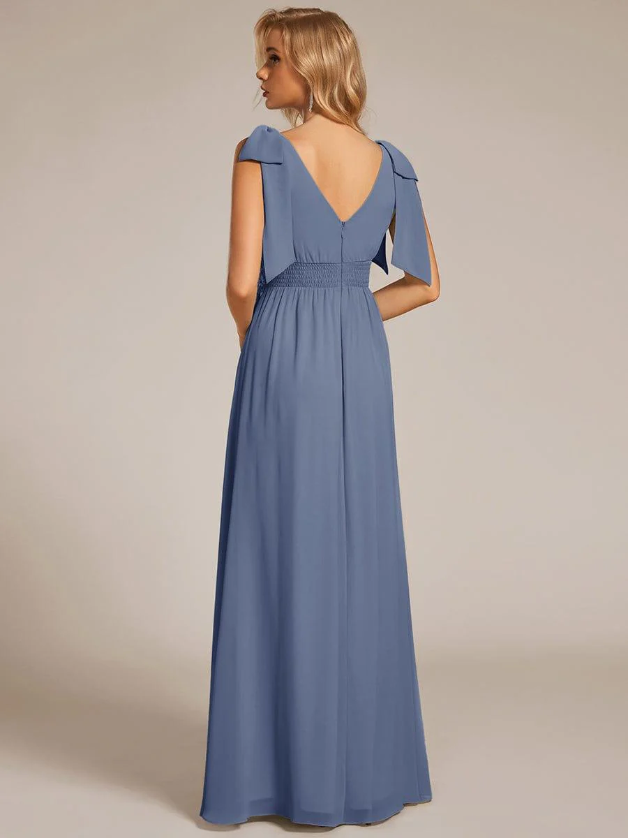 ever FRANKIE|V-neck Empire Waist Chiffon Maxi Bridesmaid Dress with Bow Straps & Side Slit - Image 7