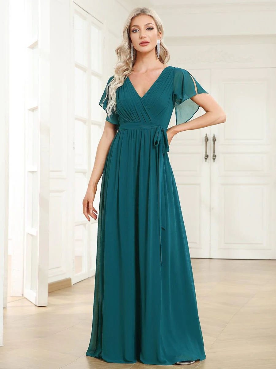 ever LEORA|V-Neck Flutter Sleeve Floor-Length A-Line Chiffon Evening Dress - Image 86
