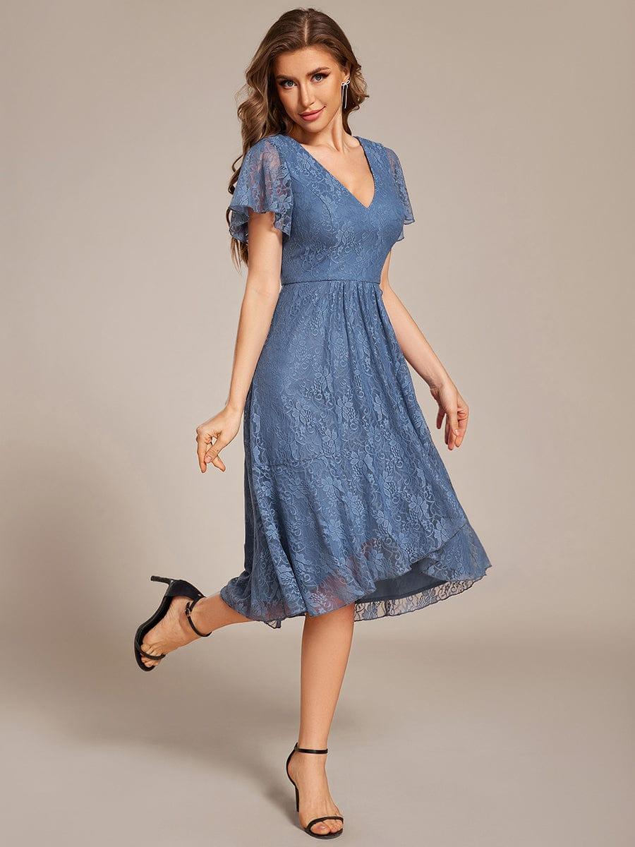 ever PALOMA|V-Neck Lace Lotus Leaf Ruffles Sleeve Midi Length Evening Dress